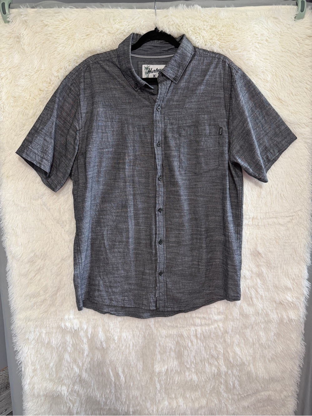 Hurley Mens Textured Short Sleeve Button Up Shirt Size L Grey Cotton Summer